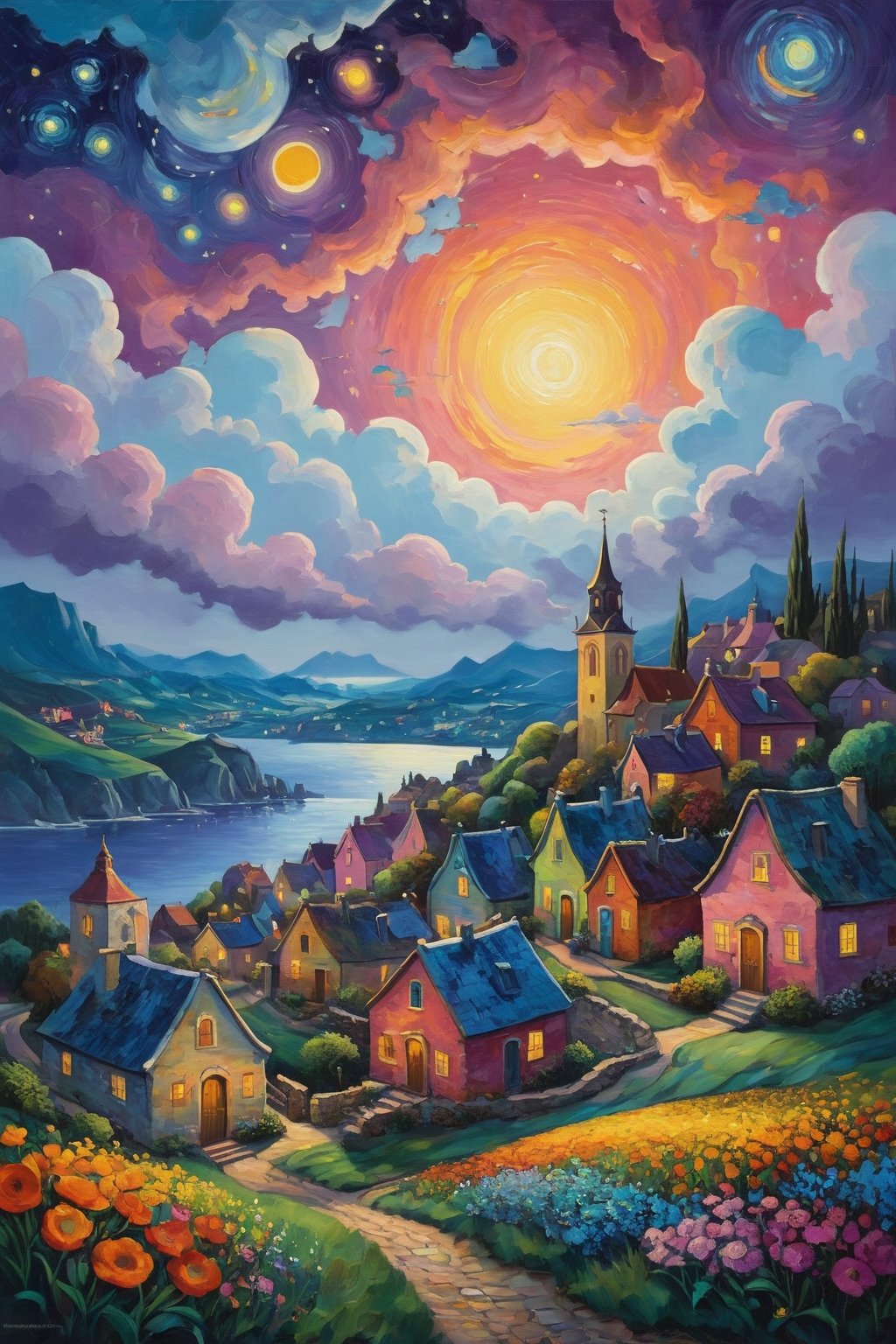 oil painting concept art, vibrant color, 

The starry night style, van gogh style, 

Colorful houses lining the old town surrounded by abundant flower. A peaceful night descends, with a beautiful sunset sky and colorful, storybook-like clouds, 

Create a whimsical and vibrant townscape with colorful, fantastical buildings, The color palette should include bright pinks, oranges, blues, and purples, with contrasting highlights and shadows to give depth, The brushwork should be smooth, with clean lines for the buildings and more fluid strokes for the sky and water reflections, The overall art style should evoke elements of surrealism mixed with folk art, Draw inspiration from artists like Marc Chagall for dreamlike scenes and Joan Miró for bold colors and shapes,

a image for a póster of psytrance festival, contains fractals, spiritual composition, the imagen evoke happiness and energy. the imagen contains organic textures and surreal composition. some parts of the image evoke a las trip