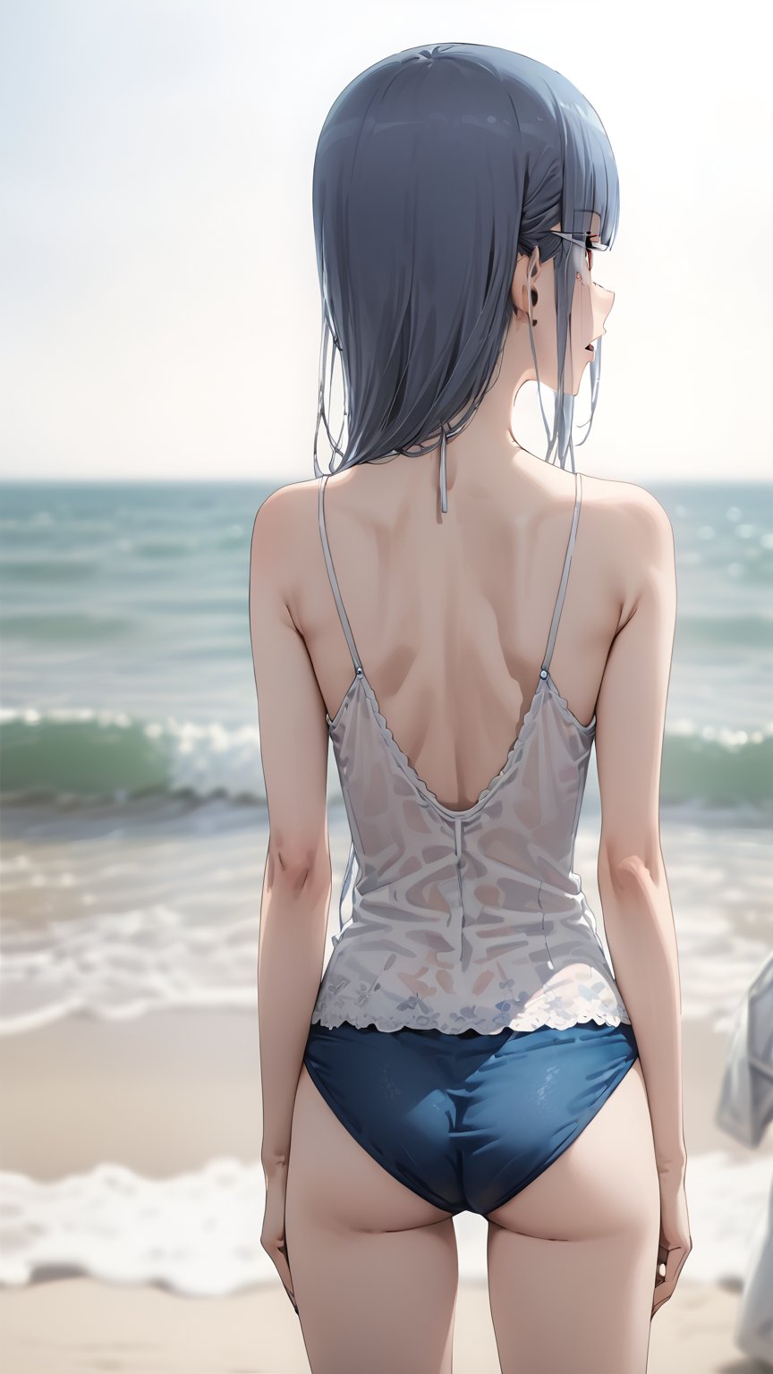 high resolution,  ultra detailed,  (masterpiece:1.4), taeri,  busty, super photo realistic illustration, highres, ultla detailed, absurdres,  best quality, masterpiece,  

sense of depth, outdoor, beach, horizon, face only, upper teeth only, clear face, parted lips, puffy lips, solo, girl, 16yo, ((white eyes, white eye makeup, white eyelashes, white eyeliner, white eyeshadow, intricate pupils)), kawaii, (((very skinny, emaciated))), ribs, hip bones, gradient hair, silver and blue hair, blunt bangs, eyes visible through hair,(see-through long camisole), tight bikini, see-through long skirt,  standing, insanely detailed eyes, (from back shot:1.5), hip focus, hip only, full body shot, 