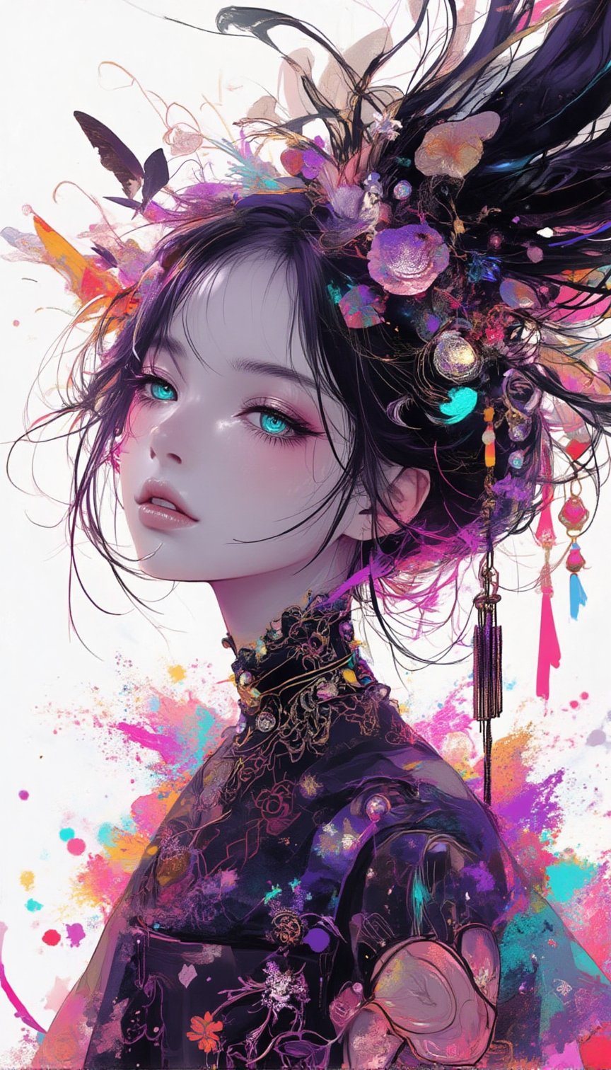 Here's a prompt that captures the desired image:

A cinematic shot of a fantasy beauty, anime style girl, art nouveau inspiration, set against a white background. A half-Japanese and half-Spanish samurai girl with an egg-shaped face, drawn in rough lines, short neck, detailed eyes, beautiful turquoise blue eyes gazes up with half-closed eyes that sparkle like bio-chemiluminescence. Her detailed features, including fractal irises, are enhanced by white eye makeup, eyelashes, eyeliner, and eyeshadow. purple theme,She wears an intricate kimono dress adorned with mysterious metallic  ruffles and gorgeous hair ornaments as her semi-transparent body reveals a sexy teenage figure. Long hair flows like a kaleidoscope, with four different wind effects blowing, amidst a melting pigments effect with dripping paint and multicolour splashes surrounding the woman.