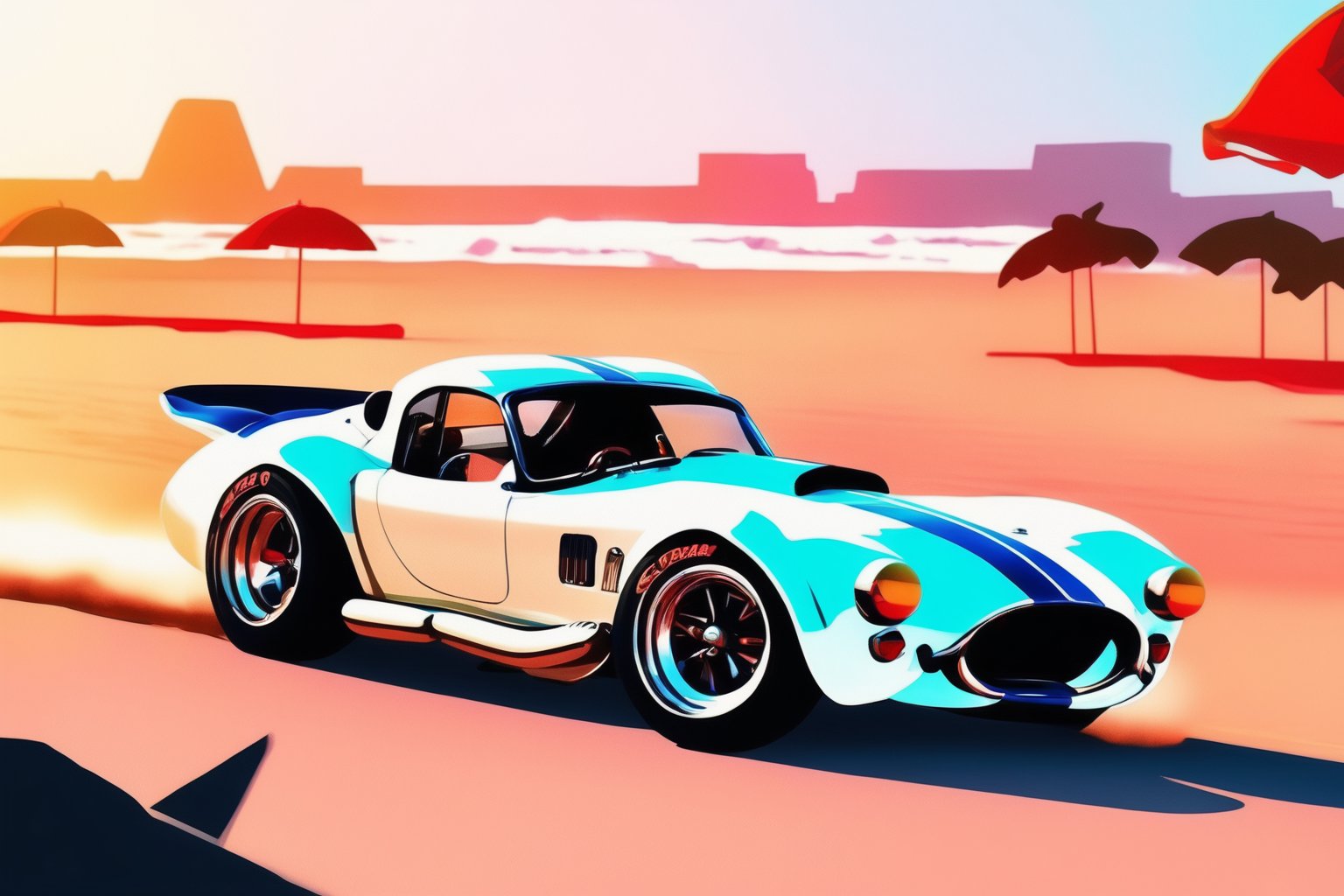 ultra hires, ultra detailed, masterpiece 

1car, no human, artwork of t-shirt graphic design, flat design of one retro vintage, onça pintada, colorful shades, highly detailed clean, vector image, photorealistic masterpiece, professional photography, realistic retro Shelbya Cobra 427,  , simple sunrise beach backdrop for car, flat white background, isometric, vibrant vector, white blackground, extremely wide shot,  long shot, (full body image 1 3), (full body shot 1 3), (zoom  out 1 3), frame in full car body,ayaka_genshin,cart00d,potcoll