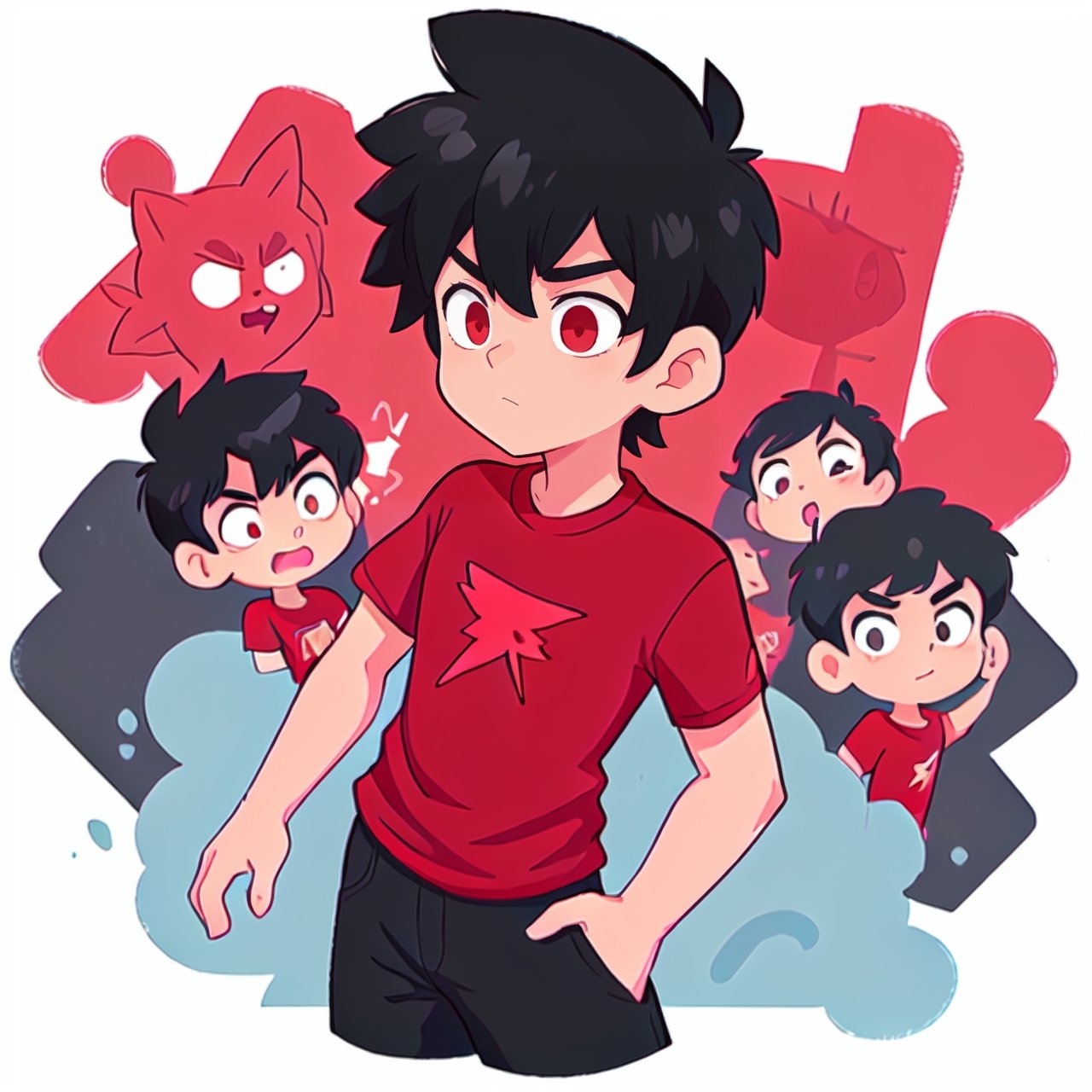 A black hair boy with a red shirt with a thunder
