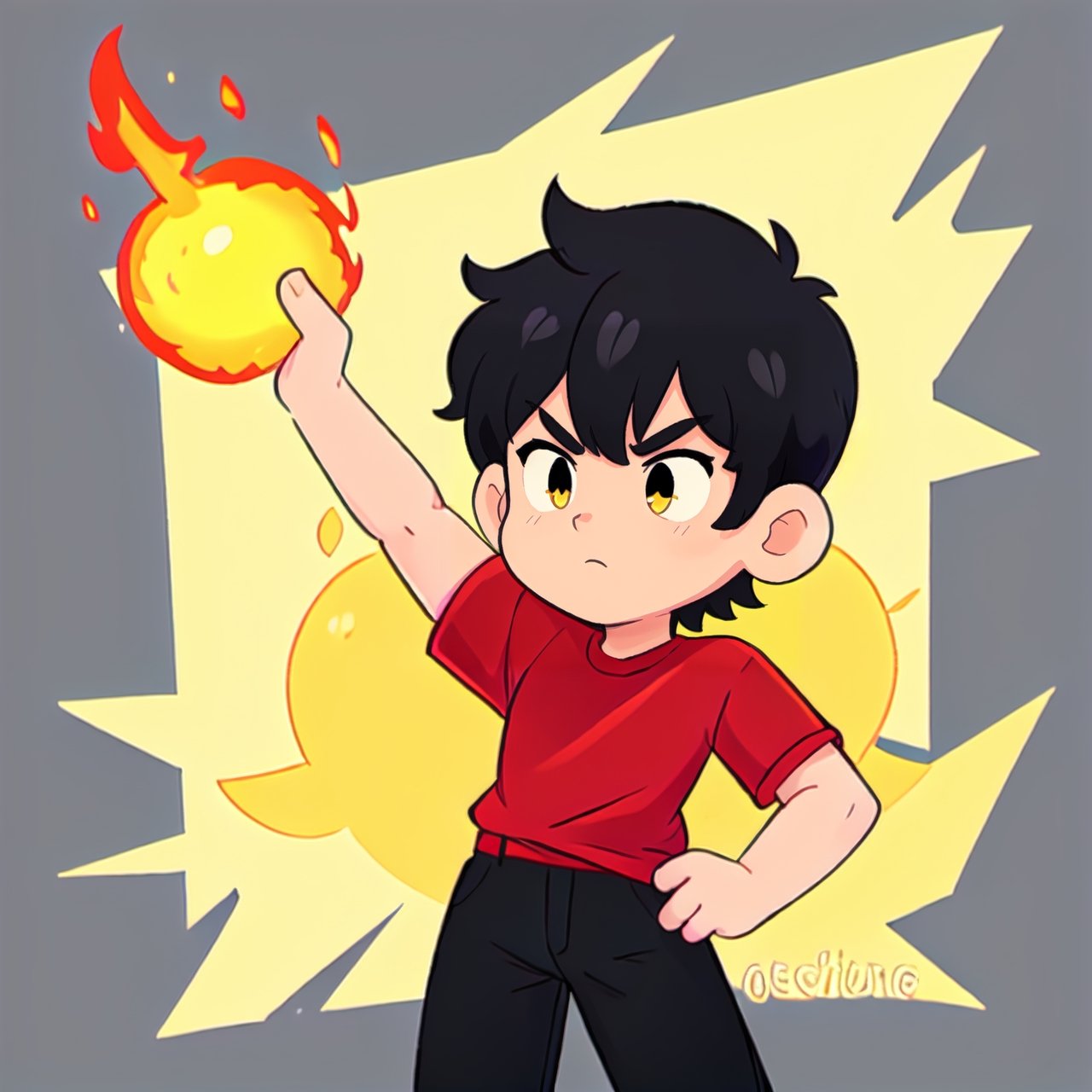 A black hair boy with a red shirt with a yellow thunder 
,chibi