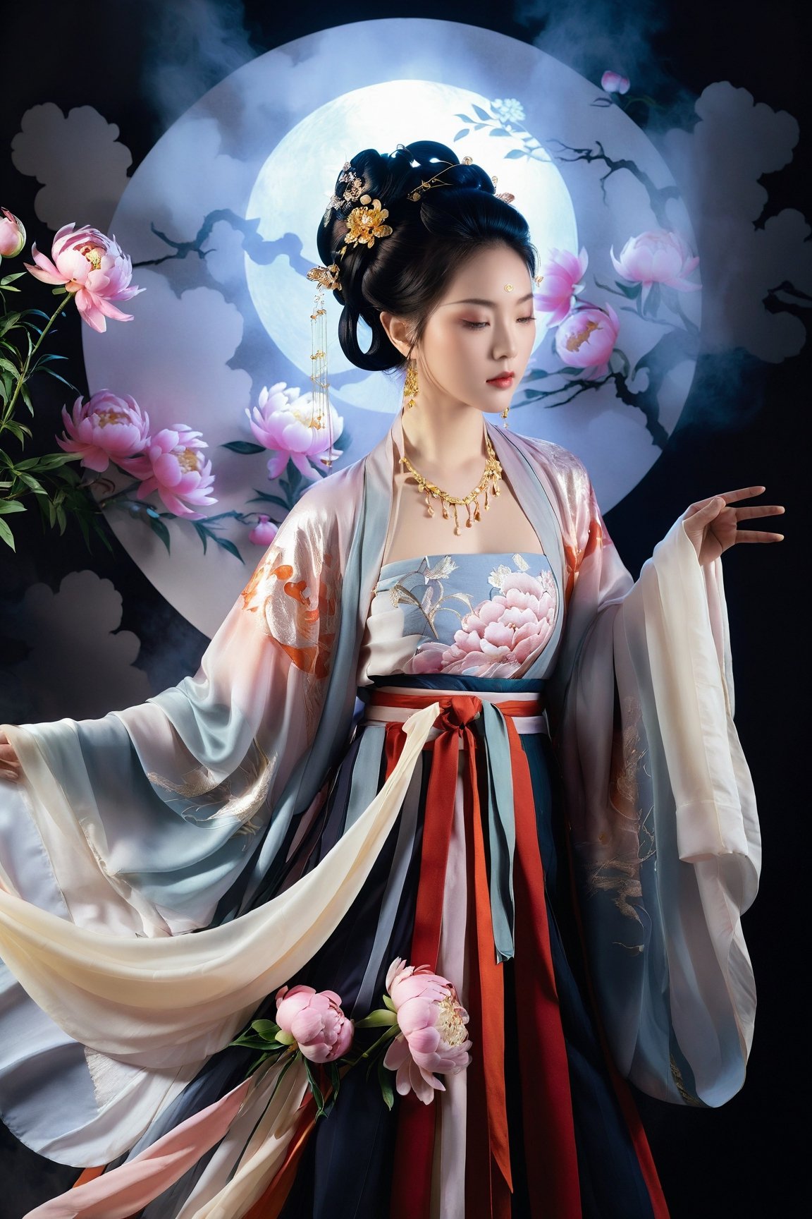 Vibrant Rim Light, In a realm drenched with magic, the silhouette of a Chinese maiden illuminates, adorned in the magnificent and extravagant Hanfu that seems to glow from within, floating ethereally in this fantasy space. Mystic clouds, shimmering with hints of gold and silver, envelop her, reminiscent of celestial beings gracing the mortal world. In her delicate hands, she holds a radiant peony, its luminescence contrasting with the shadows. The very moment its petals dance in the wind, casting playful shadows, is exquisitely immortalized by the artist. Luminescent rays and flickers of shadow dance around her form, evoking the elegance of traditional ink paintings, but with a vibrant burst of light and dark interplay. This masterpiece fuses the vision of a modern artist, accentuating the intense drama of light and shadow with the splendor of the Hanfu, crafting a strikingly abstract and luminous artwork. Luxurious, avant-garde, chic, editorial, magazine flair, professional, intricately detailed, ambient illumination, Raking light., bright rim light, high contrast, bold edge light