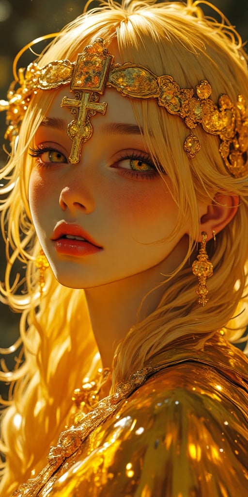 Golden angel, female, ultimate beauty, different hues of gold, 12 feet tall, it is hard to discern if such a beautifull entity should be worshipped or feared, golden eyes, dark gold pupils, golden lips, gold hair, gold armor, gold skin
