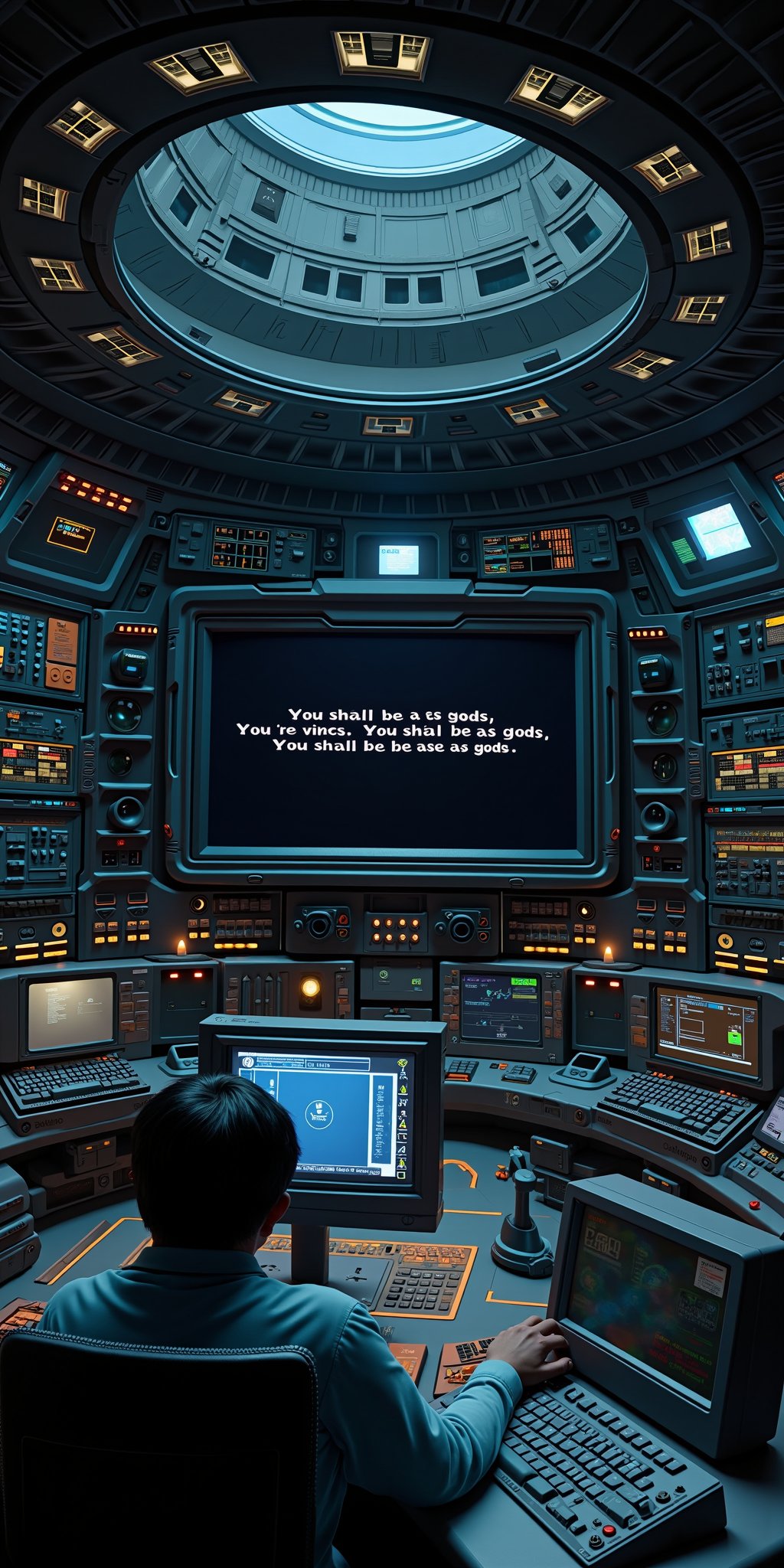 inside the The bidge of a colony spaceship,  a circular room filled with computers and screens,  different colored buttons...