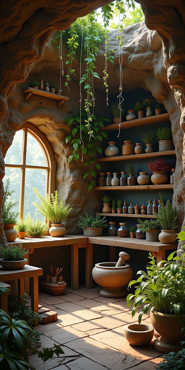 A whimsical fantasy herbalist's shop nestled within an earth mound, where wooden furniture and rustic charm abound. The air is thick with the aroma of drying herbs, their delicate tendrils wafting towards the ceiling like verdant tentacles. Shelves stacked with wondrous ingredients - horns, winged vials, and glittering powders - cast a spell of curiosity. Amidst this bohemian haven, the herbalist's skilled hands mix an unknown elixir within his worn mortar and pestle, the soft scratching sound punctuating the peaceful atmosphere.