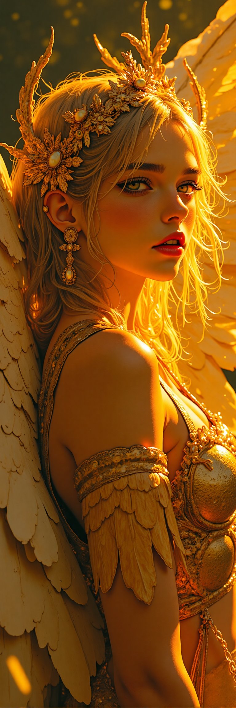 A divine being emerges from the shadows, her ethereal beauty radiating like a golden aura. Different hues of gold illuminate her angelic form: feathers, eyes, lips, hair, and armor glisten with an otherworldly sheen. Her wings, adorned with glittering scales, stretch forth as if beckoning the mortal realm. Dark gold pupils seem to pierce through the veil of reality, as if sizing up potential worshippers or fear-inspiring prey. The air is heavy with the scent of gold and mystery, leaving one wondering: should this stunning entity be revered as a deity or dreaded as a harbinger of chaos?