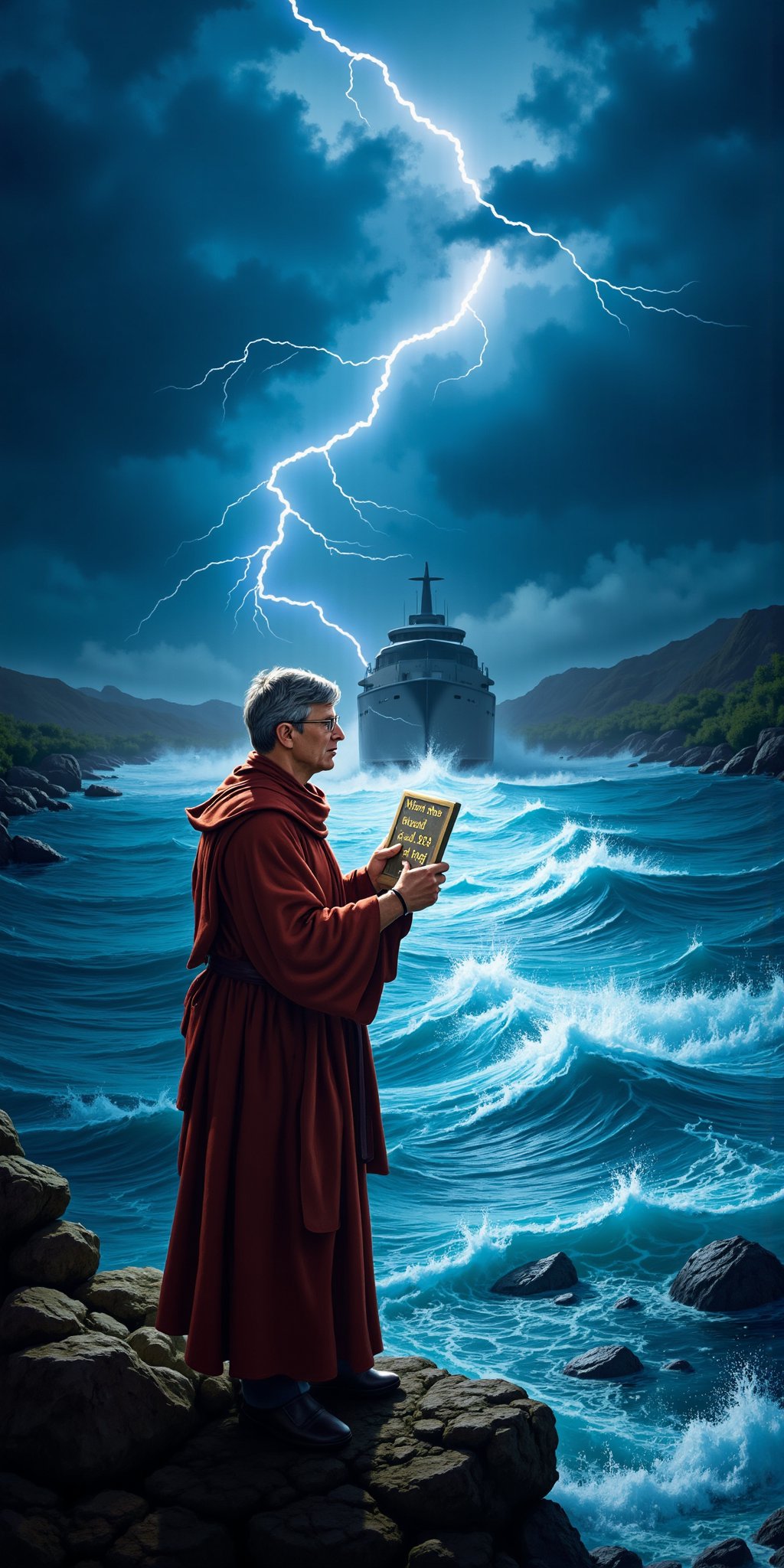 A dramatic shot of Bill Gates, resplendent in Moses attire, stands at the edge of a turbulent river, with lightning illuminating the darkening sky.  The camera frames Bill's astonished expression, his hands grasping a tablet inscribed with divine instructions. In the background, the river churns and foams, while the heavens remain ominous and foreboding As the storm clears, a radiant glow envelops Bill as God's voice booms, 'Thou must build a yacht 224 foots long!',aidmatextimprover