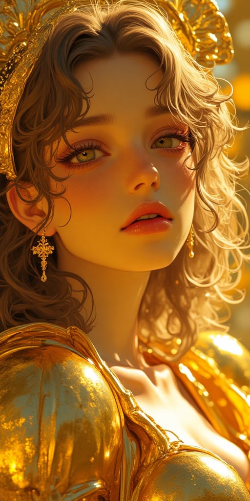 Golden angel, female, ultimate beauty, different hues of gold, 12 feet tall, it is hard to discern if such a beautifull entity should be worshipped or feared, golden eyes, dark gold pupils, golden lips, gold hair, gold armor, gold skin
