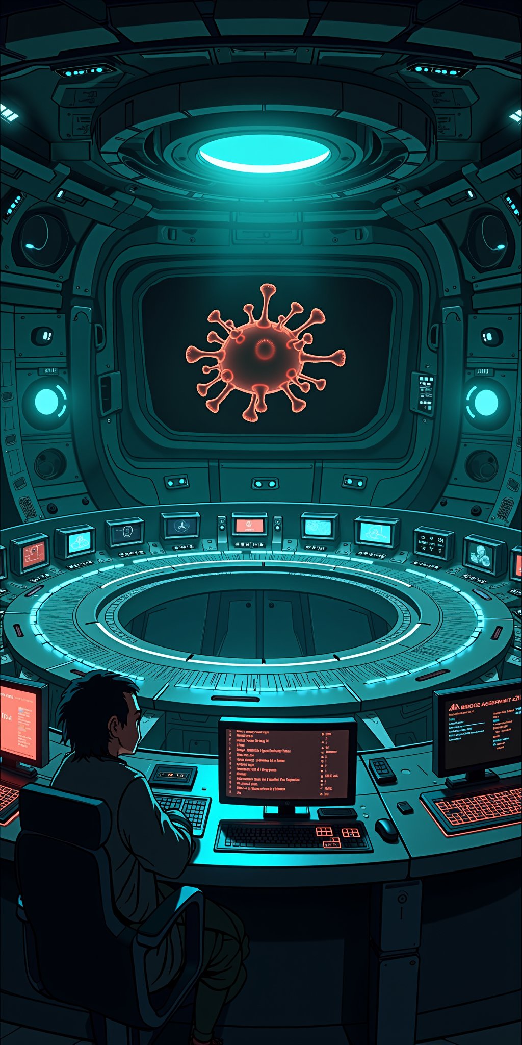 Inside the circular nerve center of the colony spaceship's bridge,  a frantic atmosphere unfolds. Computers and screens su...