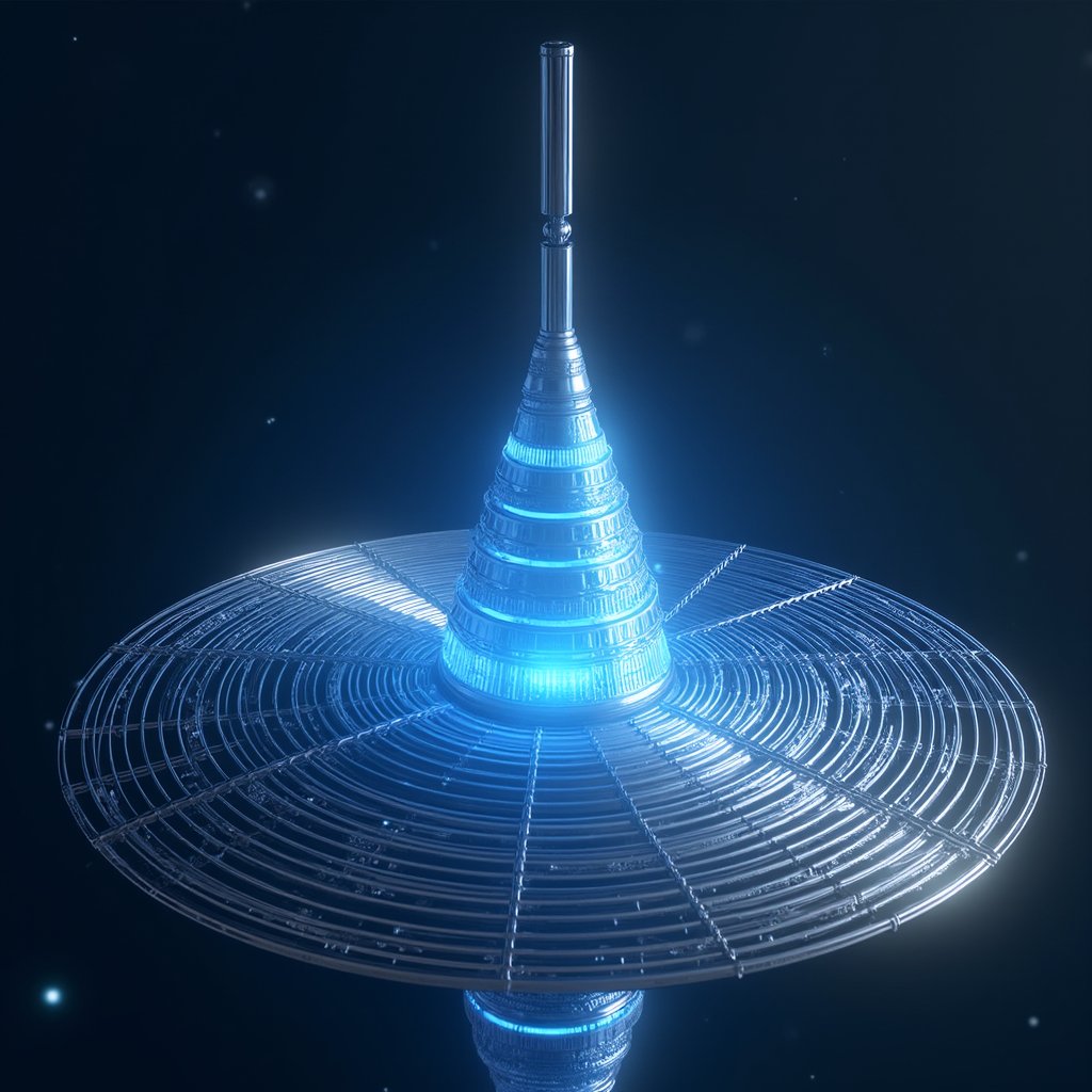A futuristic illustration of a patented Space-Time Antenna,  featuring two pyramidal spirals that converge and diverge,  r...