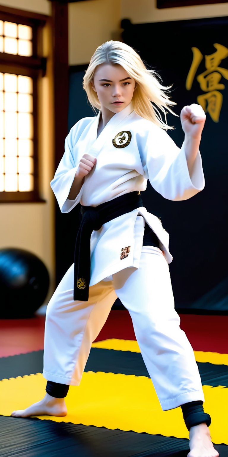 A stunning Peyton List stands tall in a black karate gi, her platinum blonde locks flowing like a river of gold down her back. Her picture-perfect face glows with a subtle blush, and her freckles add a touch of whimsy to her features. In a dynamic fighting pose, she dominates the dojo's mat, her body a blur of movement as if frozen in mid-kick. The atmosphere is electric, the air thick with tension and determination, as if the battle between good and evil has reached its climax.