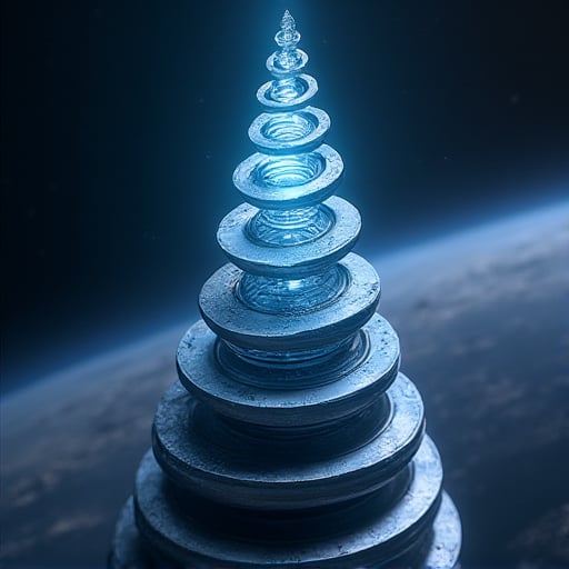 A futuristic illustration of a patented Space-Time Antenna,  featuring two pyramidal spirals that converge and diverge,  r...