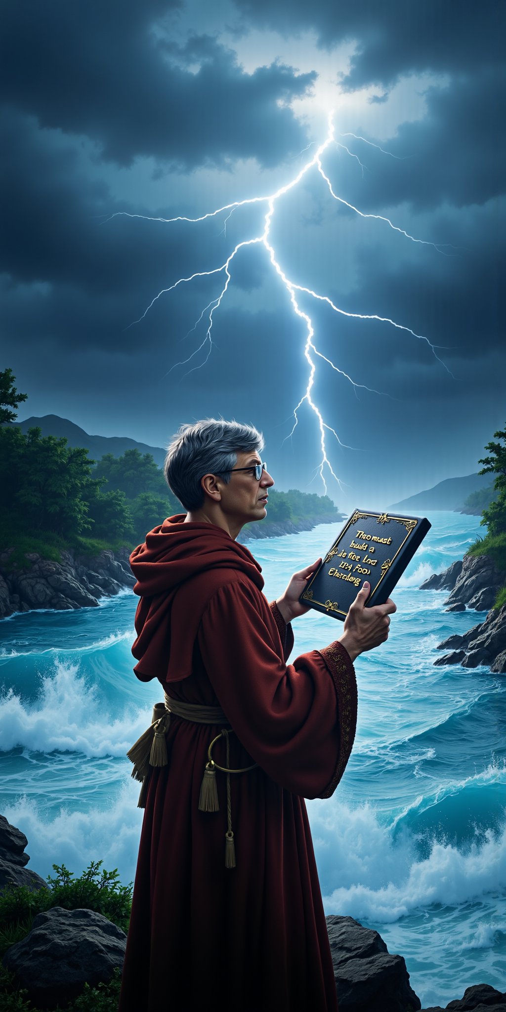 A dramatic shot of Bill Gates, resplendent in Moses attire, stands at the edge of a turbulent river, with lightning illuminating the darkening sky.  The camera frames Bill's astonished expression, his hands grasping a tablet inscribed with divine instructions. In the background, the river churns and foams, while the heavens remain ominous and foreboding As the storm clears, a radiant glow envelops Bill as God's voice booms, 'Thou must build a yacht 224 foots long!',aidmatextimprover