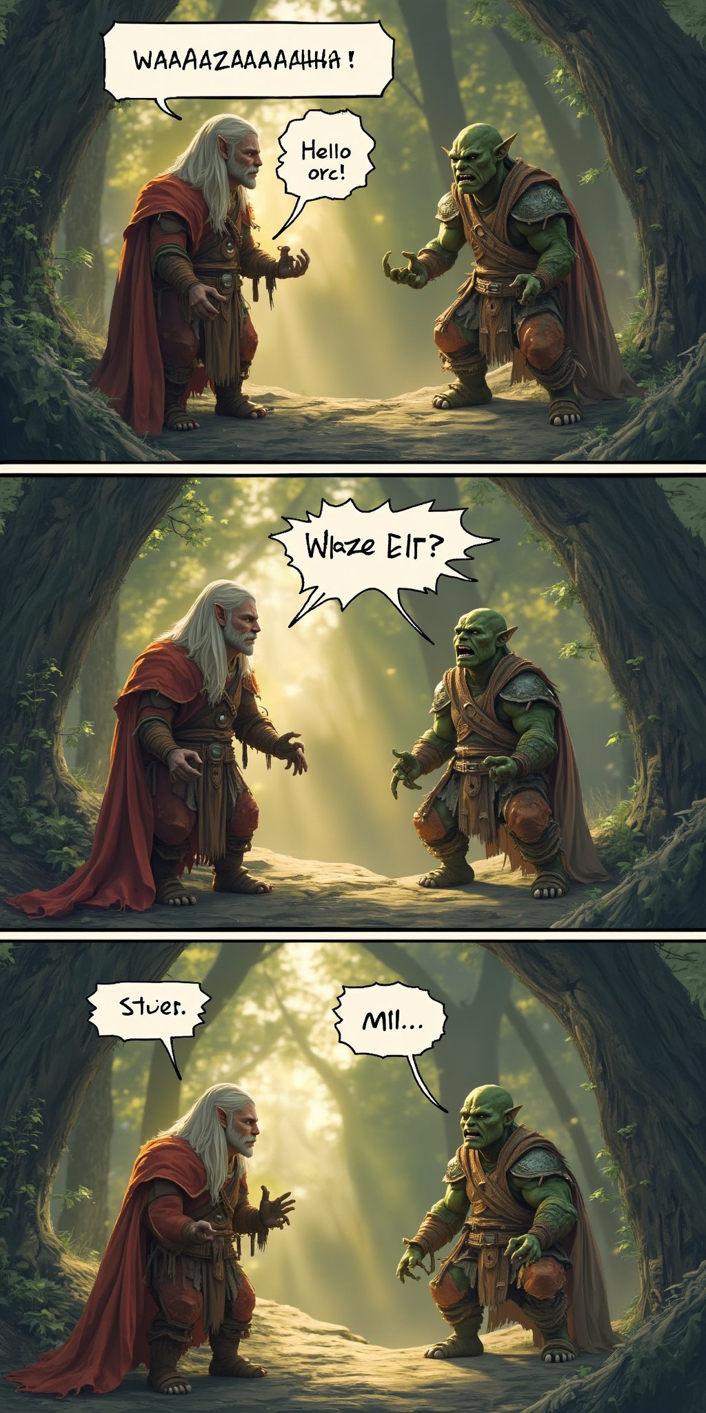 Simple comic, dialouge between a ORC and ELF
"Hello orc!"
"Wazzup elf?"
both: "WAAAZAAAAAA"