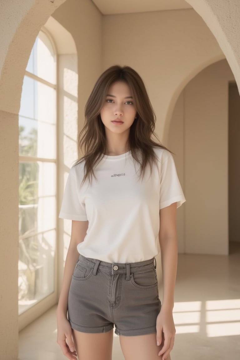 A high-fashion female model wearing a premium plain white t-shirt worn untucked over fitted high-waisted grey shorts,  pos...