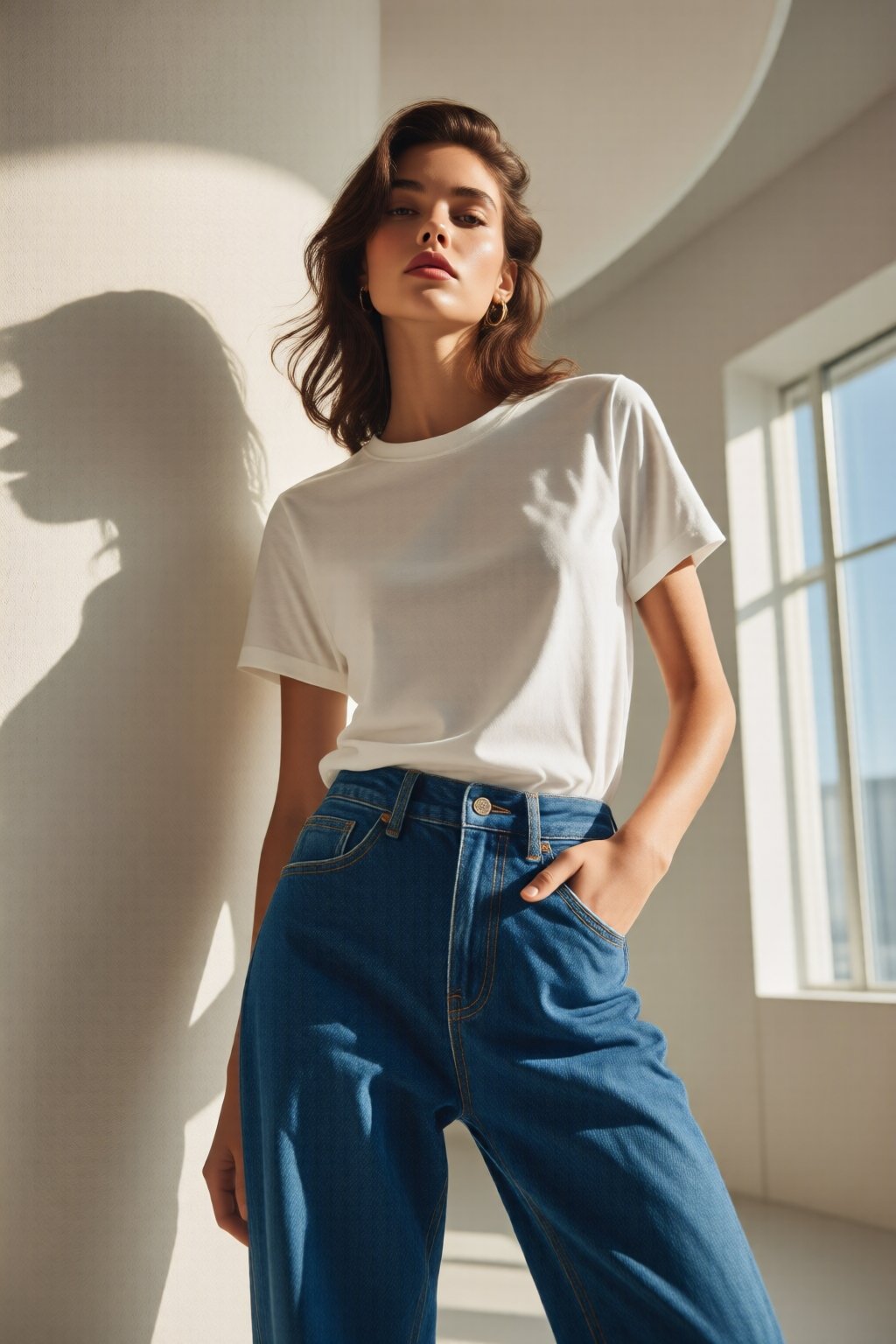 A high-fashion female model wearing a premium plain white t-shirt and bright blue high-waisted jeans,  posing confidently...