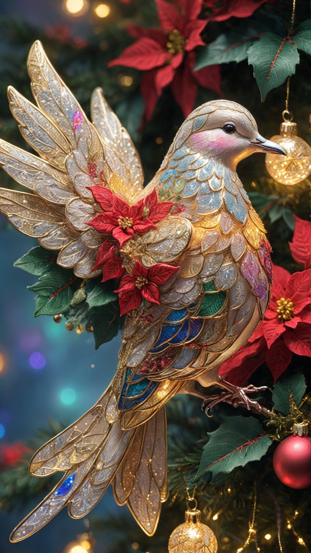 Create a intricately detailed christmas dove, Christmas vibe, golden hour,  lit from behind,  ultradetailed ultrarealistic,  gleaming, work of beauty complexity and complexity,  close-up,  chrismascore,  ,christmas,ColorART,  poinsettia flowers cascading,  christmas ornaments ,colorful