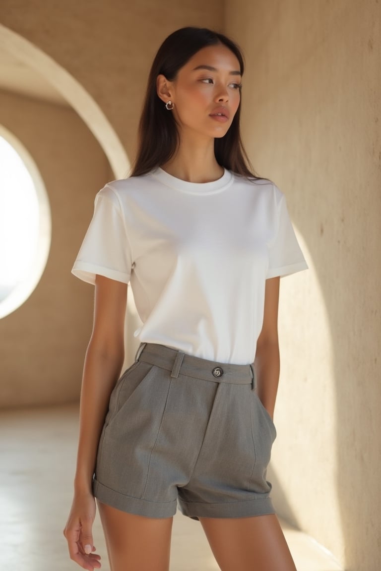A high-fashion female model wearing a premium plain white t-shirt (untucked) and high-waisted fitted grey shorts,  posing...