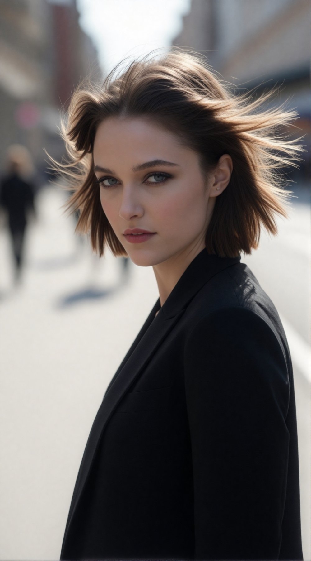 A realistic street portrait of a young woman on a breezy day,  hair gently moving in the wind,  natural daylight by ART IM...