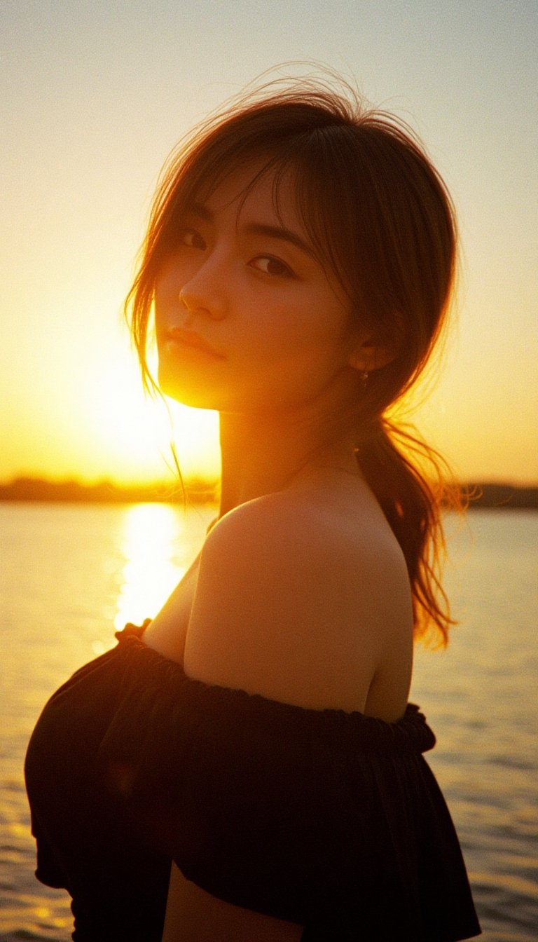 A portrait taken during the golden hour,  with the warm,  saturated colors typical of 1980s film photography. A young woma...