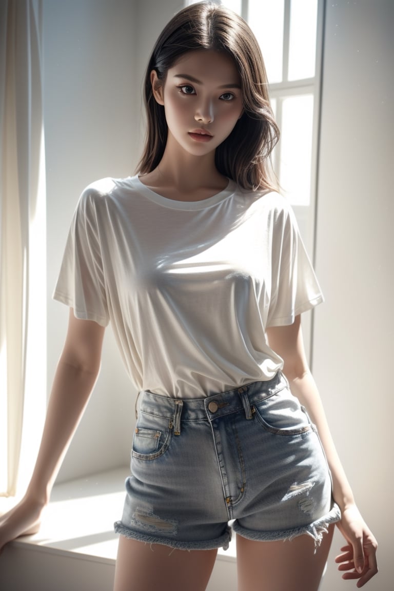 Stylish female model in an untucked white t-shirt and high-waisted grey denim shorts,  posing naturally in a bright minima...