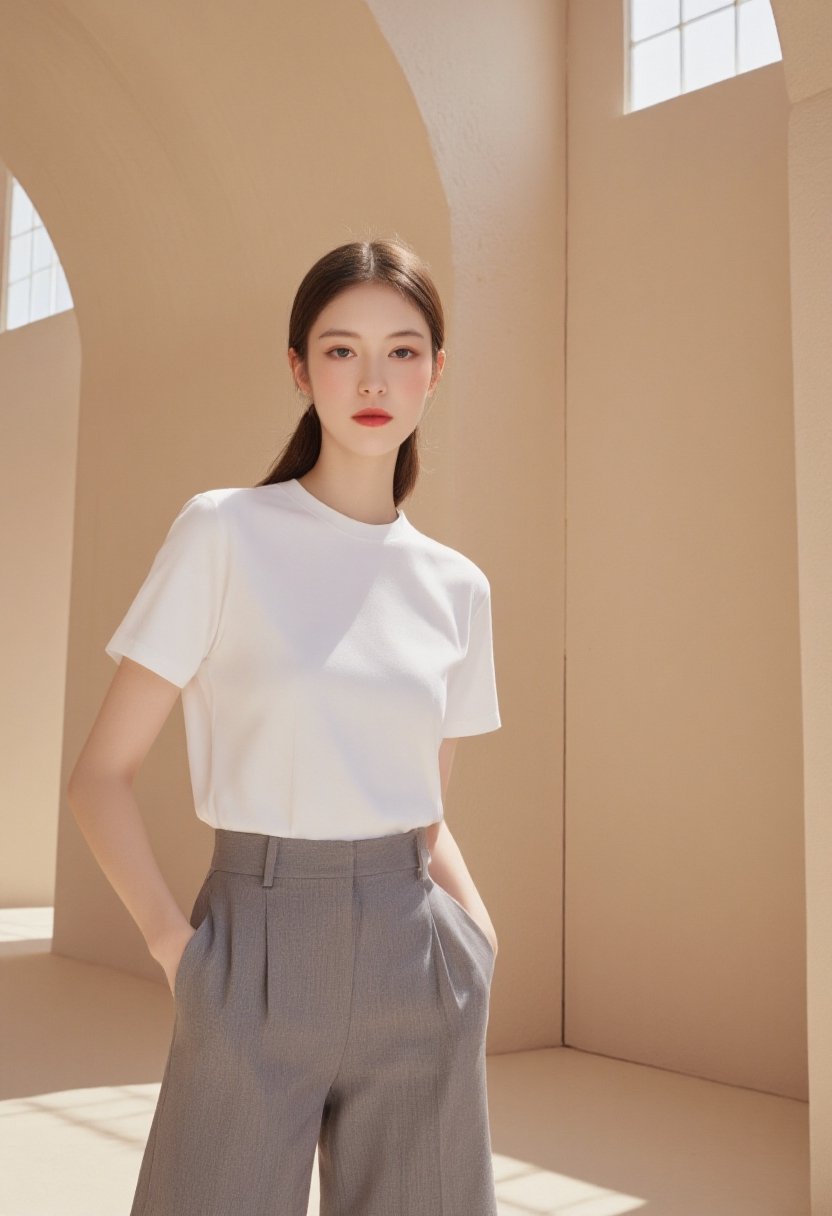 A high-fashion female model wearing a premium plain white t-shirt worn untucked over fitted high-waisted grey shorts,  pos...