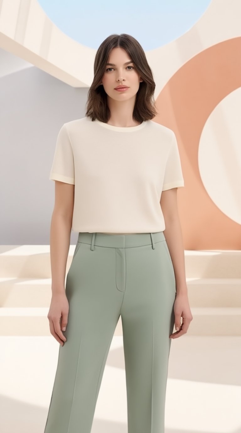 High-fashion female model in a refined Scandinavian luxury aesthetic. She wears a premium cream straight-cut short-sleeve...
