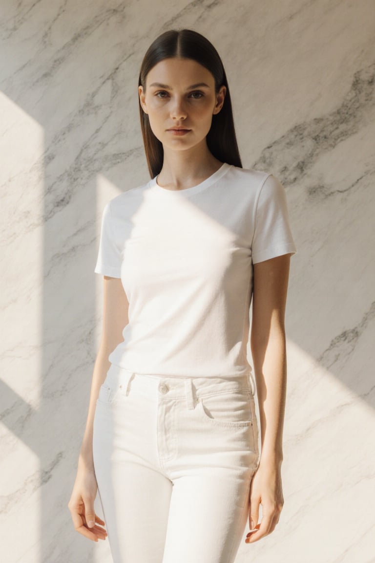 Elegant woman dressed in a fitted white t-shirt and white jeans,  standing in a bright modern minimalist studio. Warm natu...