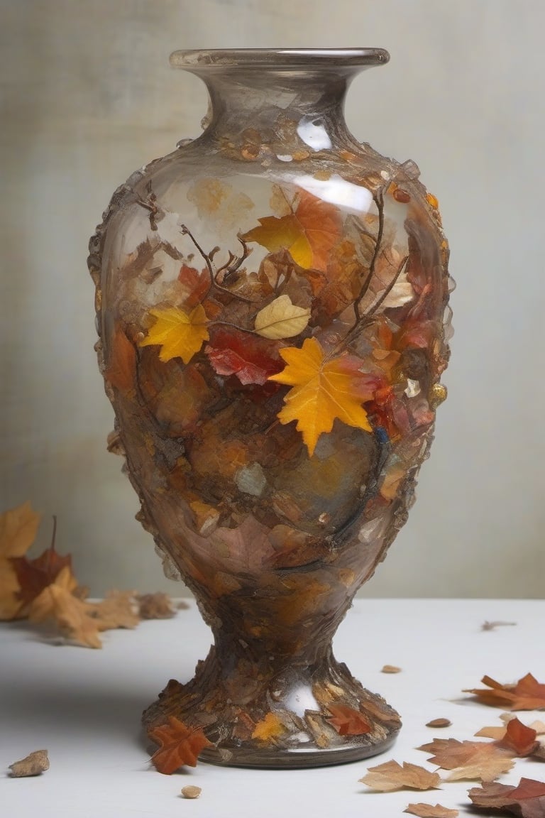 A mixed-media creation blending photography and painting,  a delicate,  antique vase surrounded by shards of broken glass...
