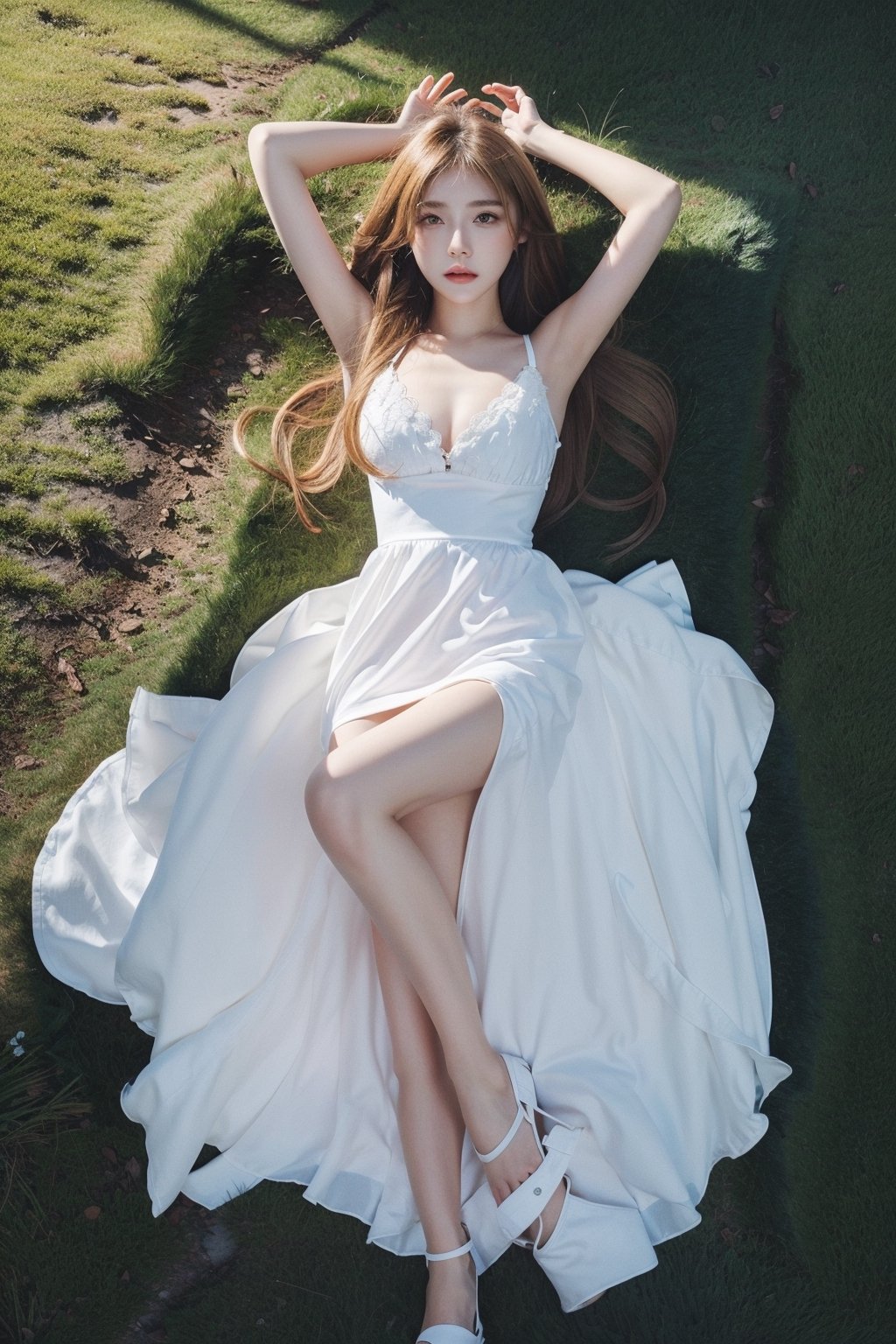 (masterpiece,:1.2), (best quality:1.2), full body shot, 1girl, blonde hair, long hair, medium breasts, white dress, lying down on the grass