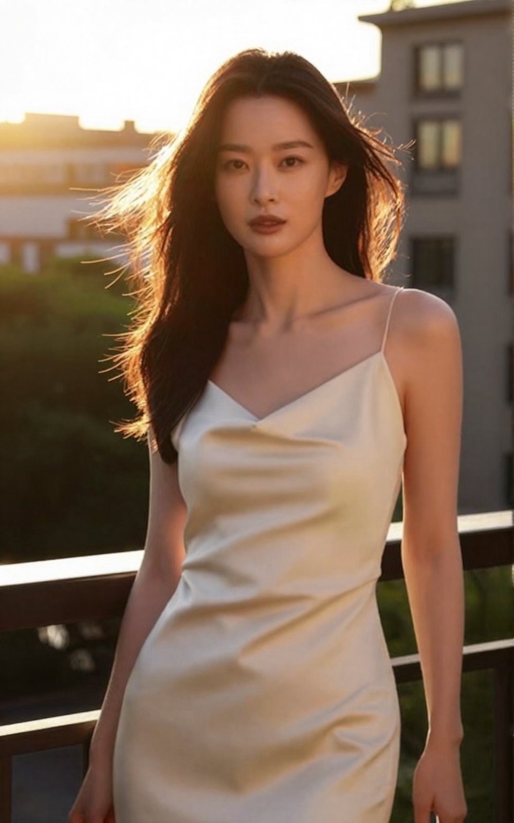 An elegant outdoor terrace portrait at sunset,  backlit by warm golden sunlight. A young woman stands naturally near the t...
