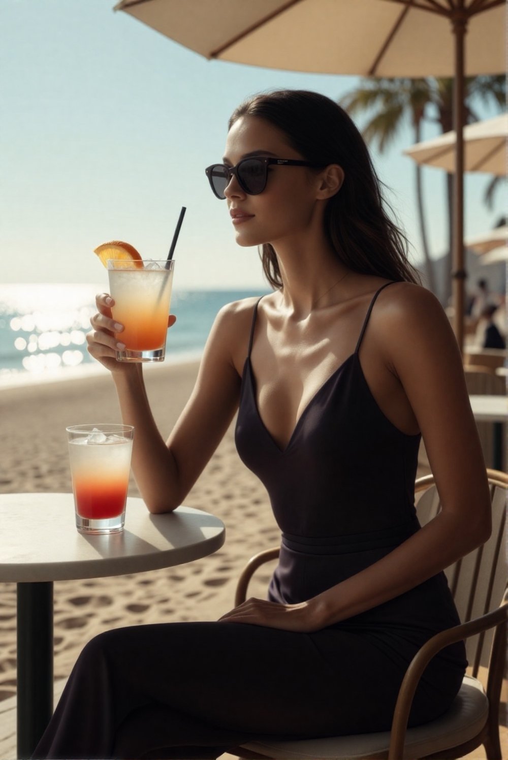 A stylish lifestyle fashion scene featuring a confident adult woman relaxing at a seaside outdoor café. She is an elegant,...