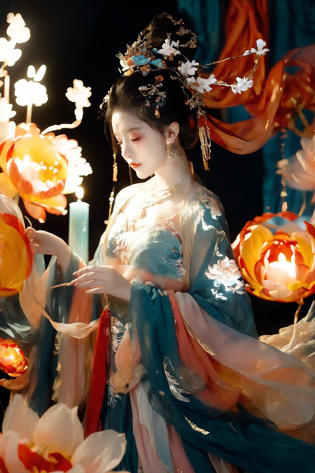 1girl, solo, long hair, black hair, hair ornament, long sleeves, dress, holding, jewelry, standing, full body, flower, earrings, hair bun, white dress, sparkle, chinese clothes, single hair bun, bug, white flower, butterfly, tassel, forehead mark, candle, lotus,dunhuang