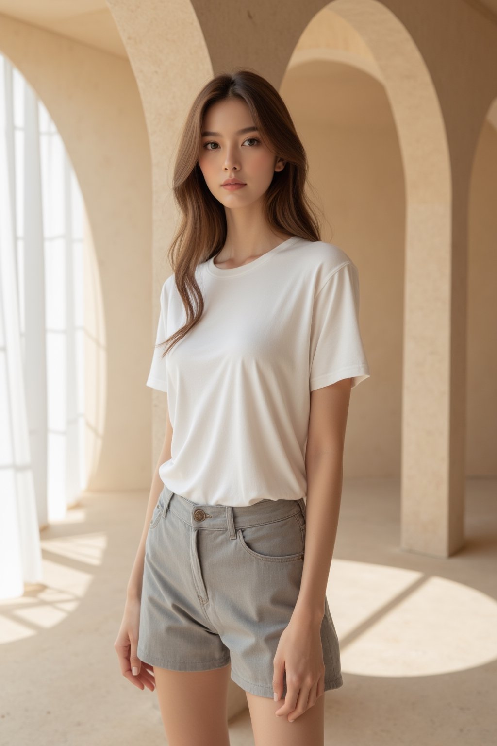 A high-fashion female model wearing a premium plain white t-shirt (untucked) and high-waisted fitted grey shorts,  posing...