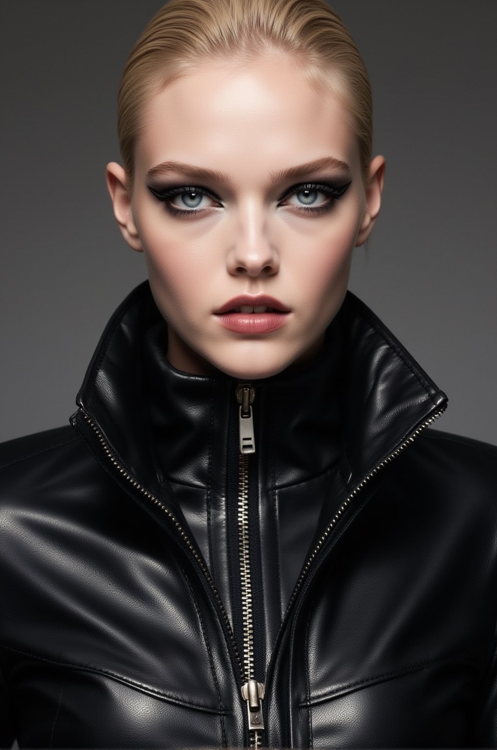 a dramatic close-up fashion editorial portrait of a chic woman with higher cheekbones,  a defined jawline,  sharp almond-s...