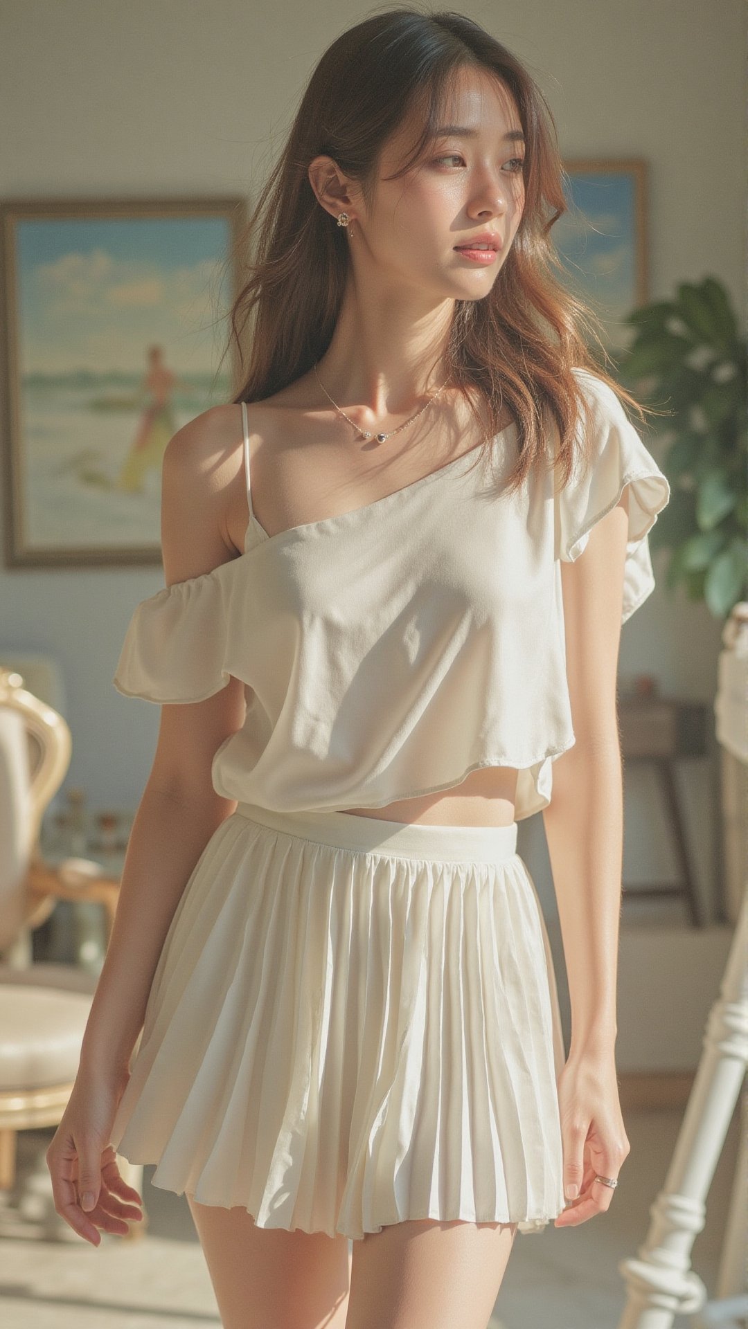 full body image of a woman wearing an off-shoulder top paired with a short pleated mini skirt,  light fabric with gentle f...