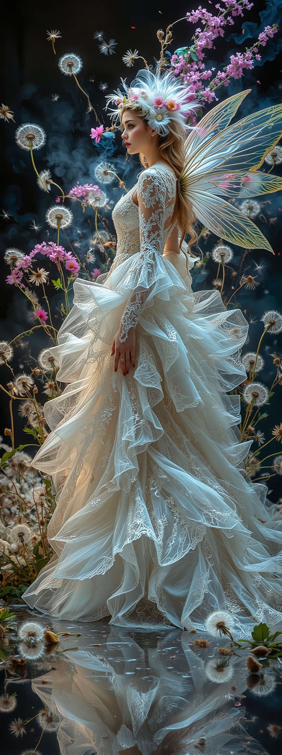 Like an amazing movie poster. side view. A fairy-like figure with delicate wings and a flowing,  intricate gown. The fairy...