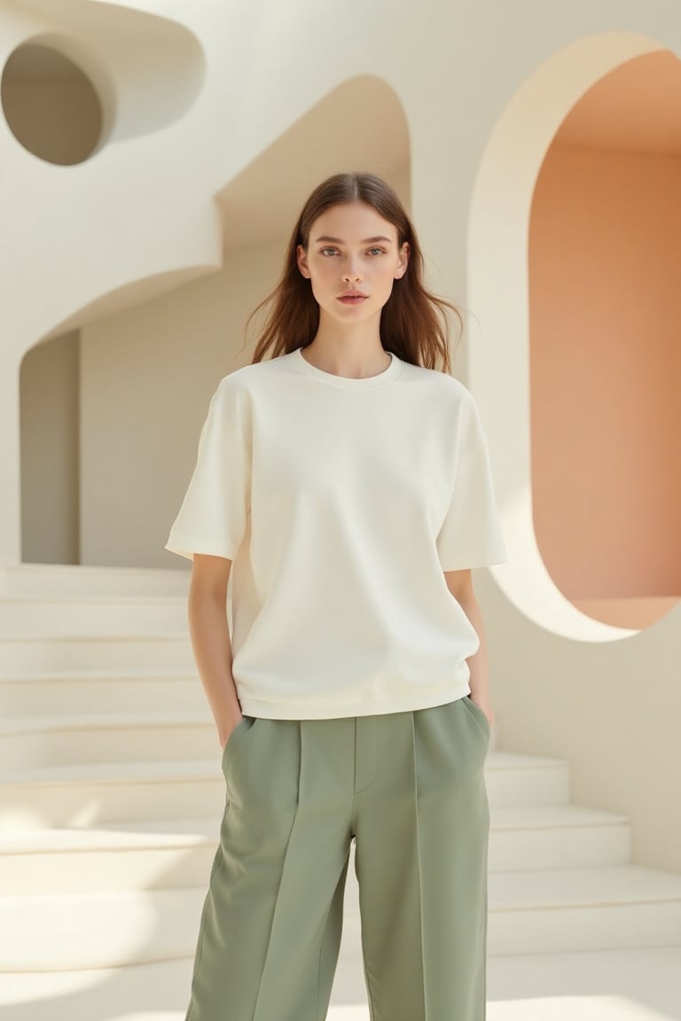 High-fashion female model in a refined Scandinavian luxury aesthetic. She wears a premium cream straight-cut short-sleeve...