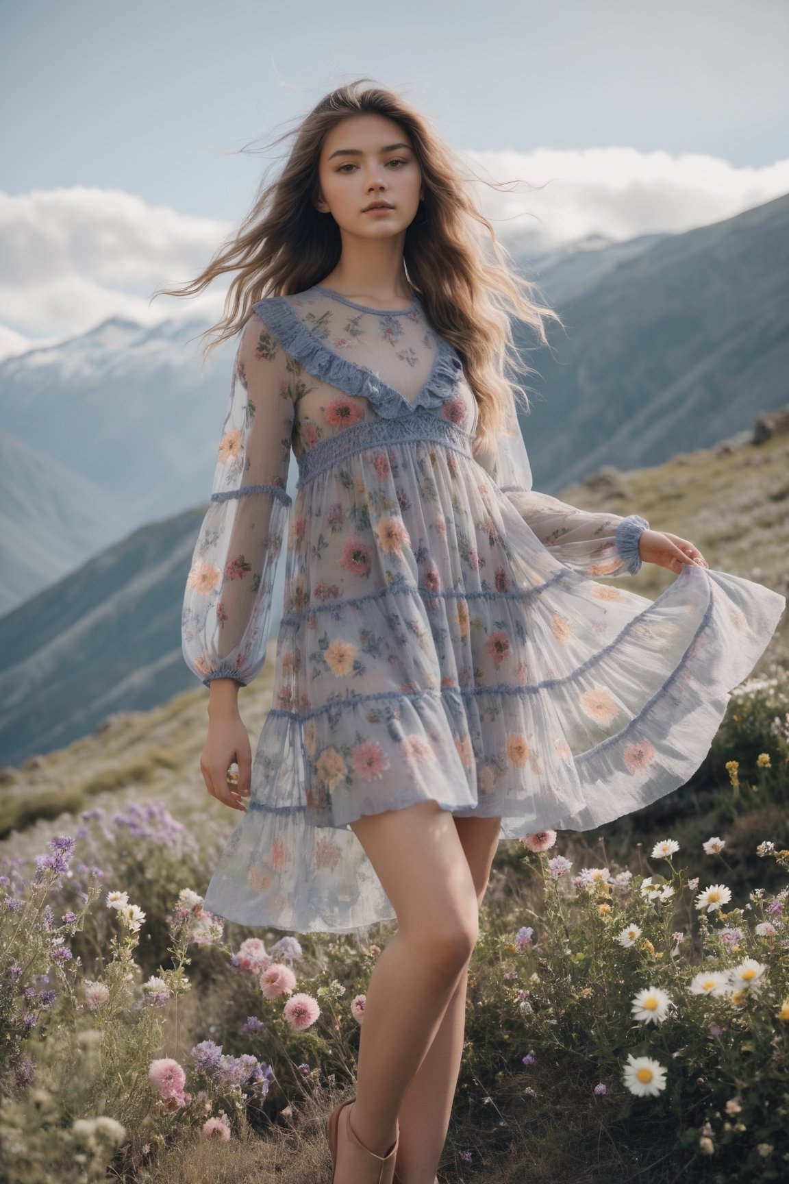 20 year old girl wearing a babydoll dress sheer see-through dress with floral knitting in the mountains full of flowers, hair flying in the wind.