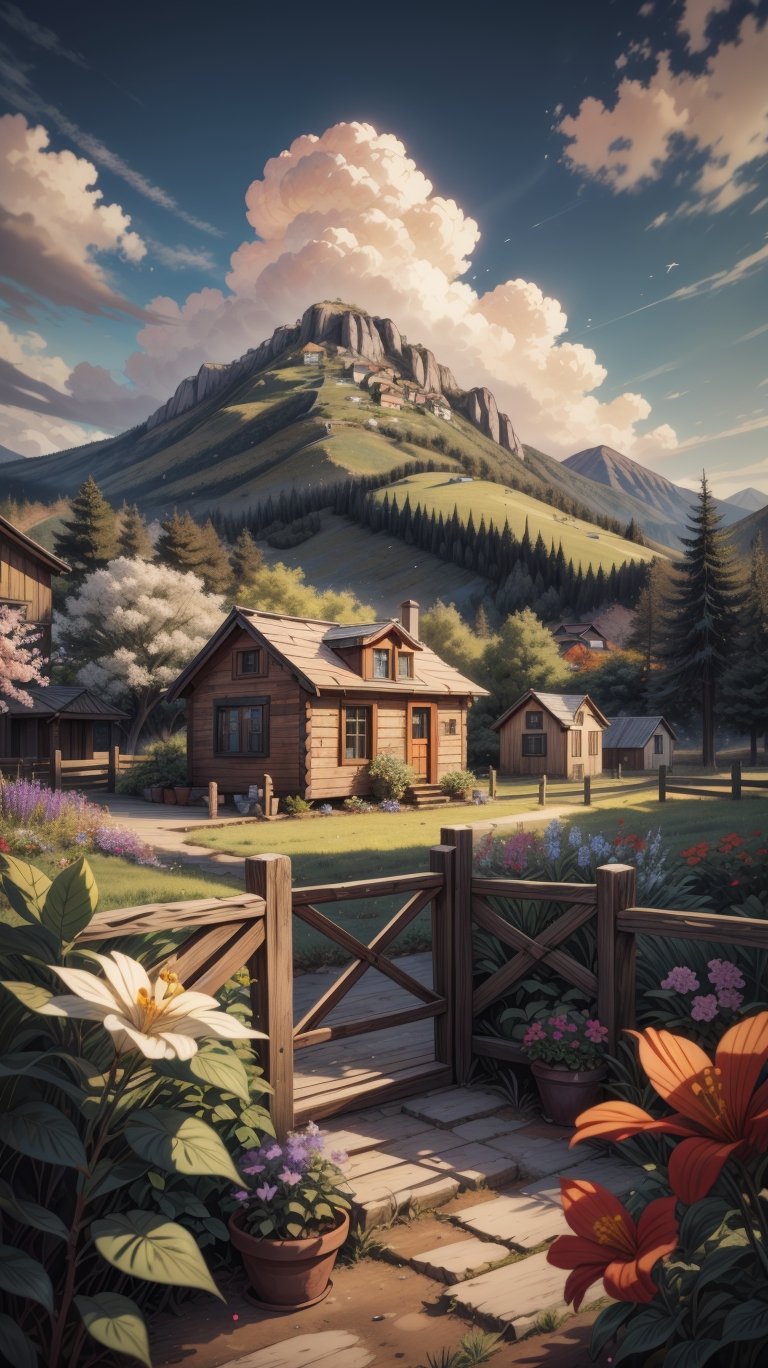 (Masterpiece, ultra detailed, hyper quality) a cute small but cozy wooden house on the edge of the village, photo next to the fence, the fence is out of focus, lots of trees and colorful flowers, small mountains and a few houses in the background, detailed clouds, bright colors,  

leonardo