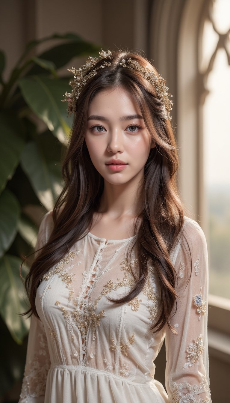 A close-up portrait of a young woman with long,  flowing golden-brown hair that cascades in loose waves down her back and...