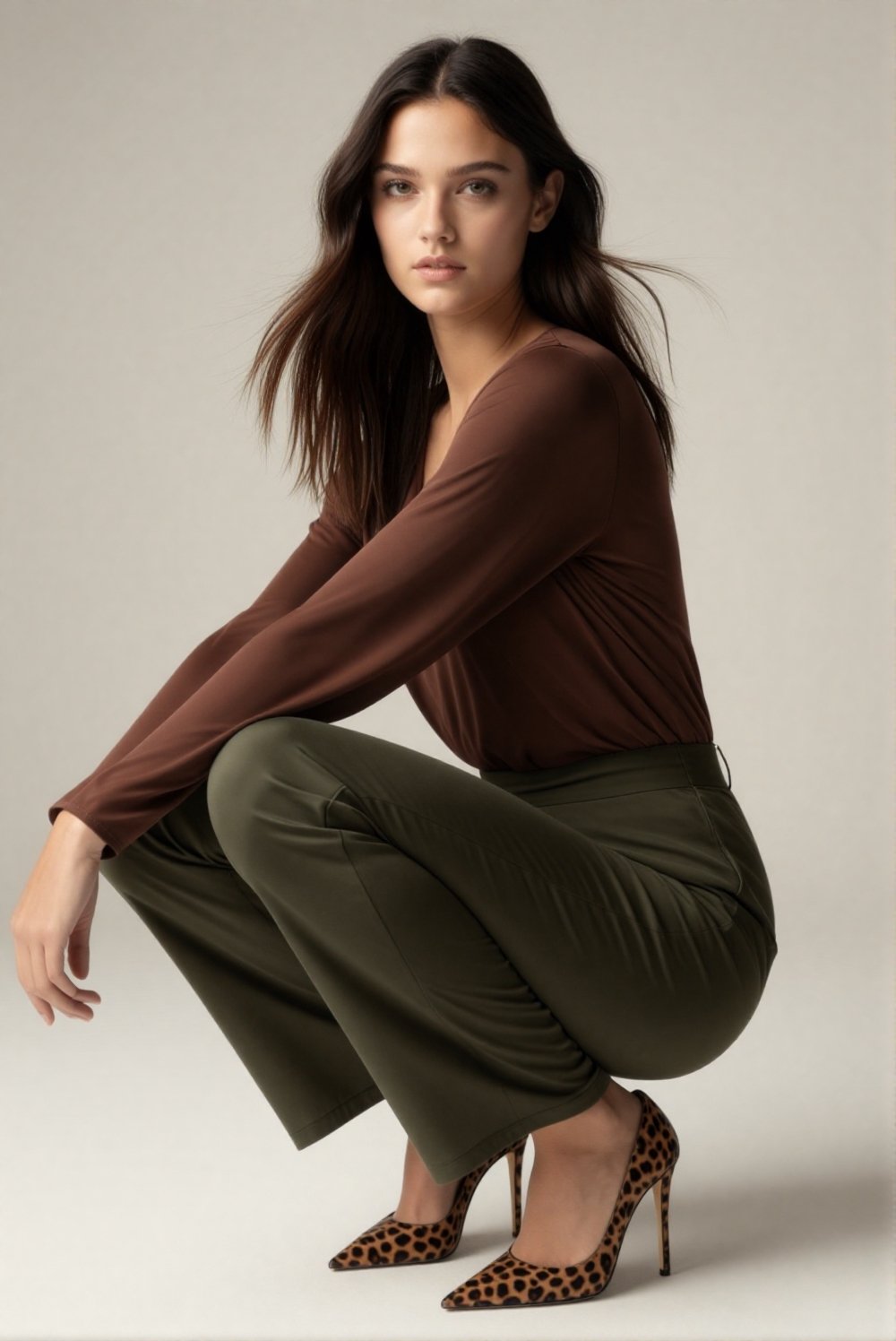 A refined studio fashion portrait featuring an elegant young woman in a poised,  editorial pose. She crouches gracefully a...