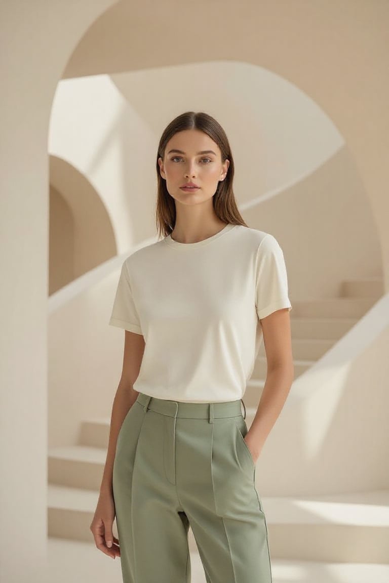 High-fashion female model in a refined Scandinavian luxury aesthetic. She wears a premium cream straight-cut short-sleeve...
