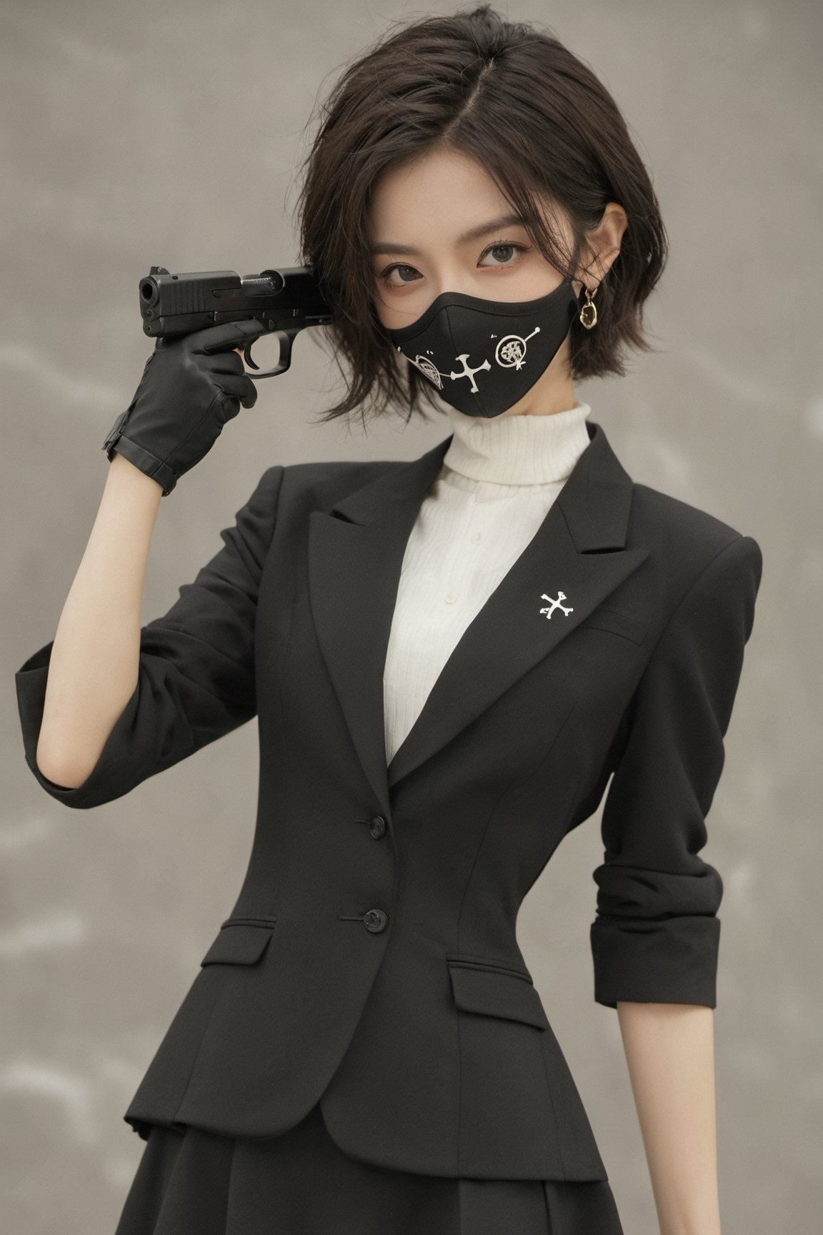 xxmixgirl,8k, high_resolution,1boy, portrait, half body, wearing black suit, skeletion mask, short hair, messy hair, holding two black pistol each hand, cross arm, dark black ground,Xxmix_Catecat,dfdd