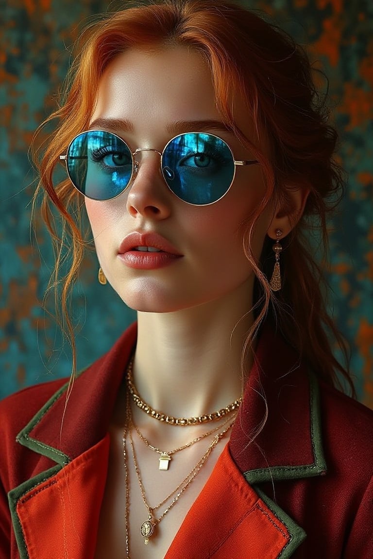 A hyper-detailed portrait captures a young woman with strawberry-blonde hair and regal features against a textured,  weath...