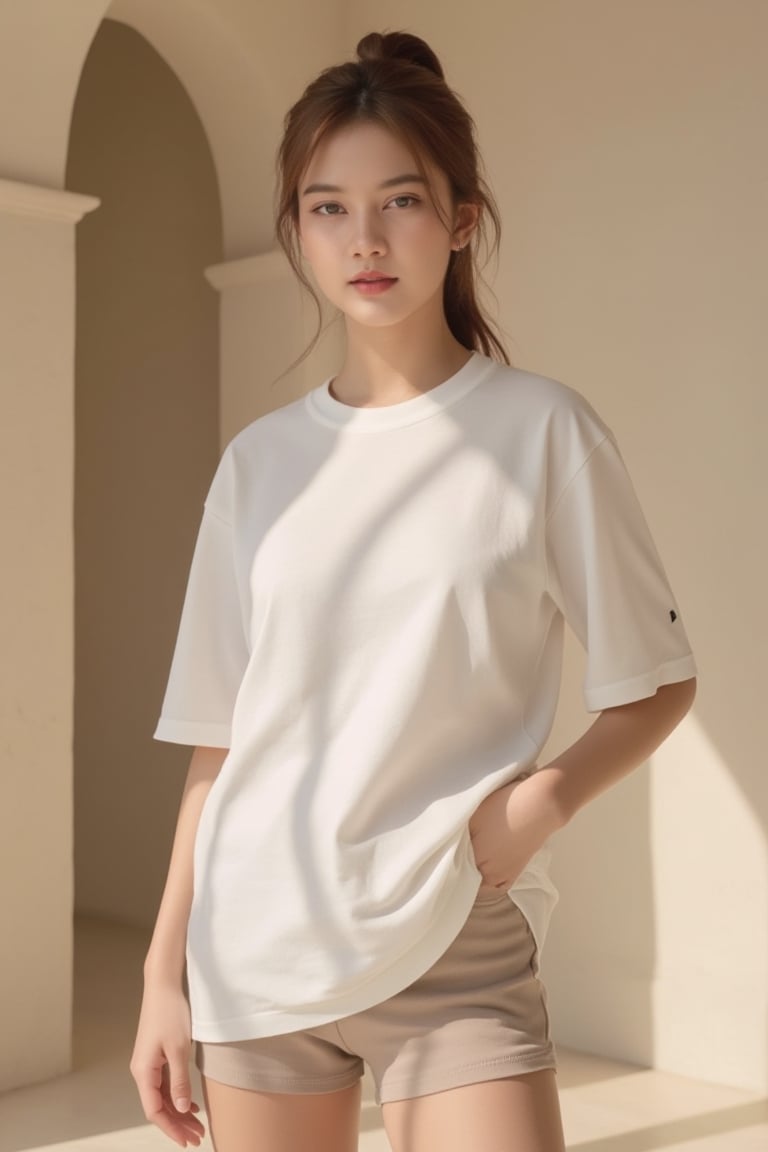 A high-fashion female model wearing a premium plain white t-shirt fully untucked,  the length reaching mid-thigh level,  p...