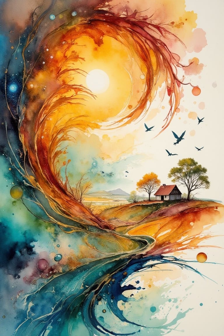 A glowing sunburst emerges from a swirling cascade of golden and amber hues,  seamlessly blending into the organic forms o...
