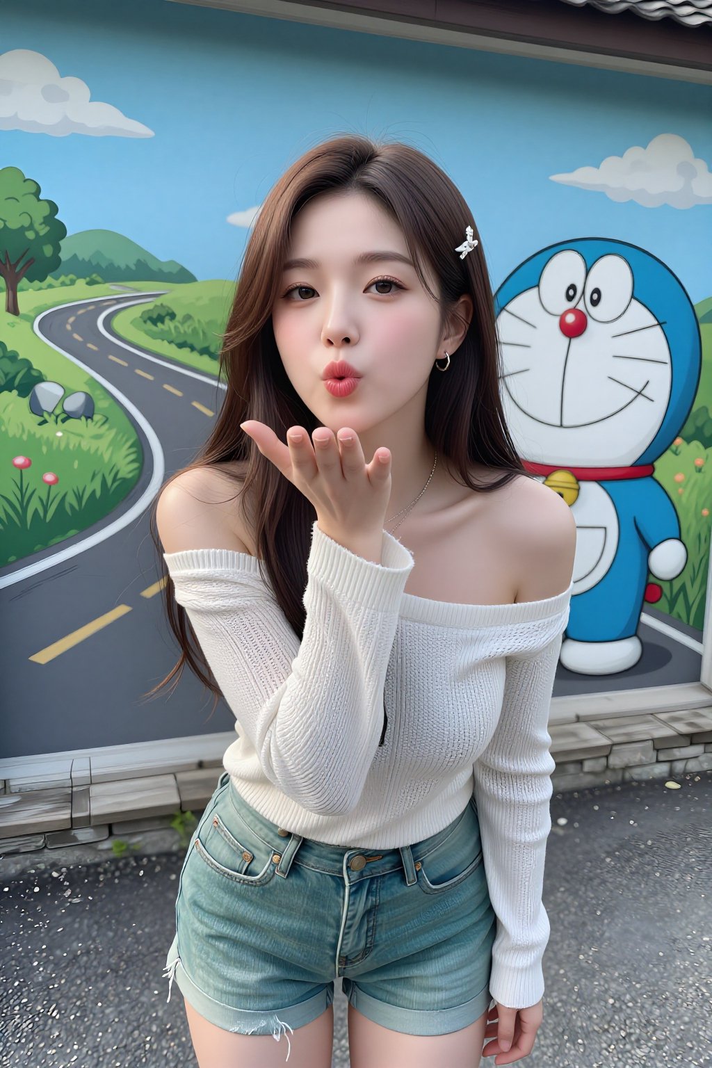 Beautiful and pretty young Korean woman with long hair with a hairpin and one ear is visible. A 25-year-old pretty influen...