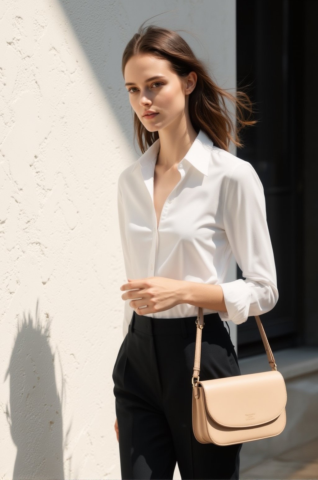 a half-body fashion editorial portrait of a European woman walking elegantly along a sunlit textured white wall,  slender...